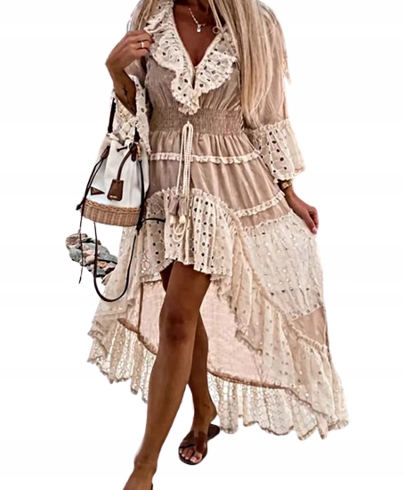 MD sukienka boho wycięty przód XL/42 | beżowa