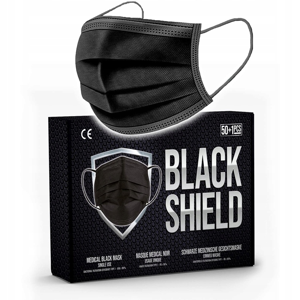 Black Shield - 50 masek medycznych typu 1 - Certyfikat CE