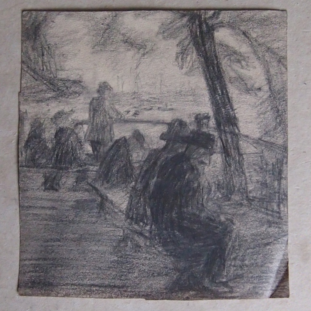 Starsi panowie na ławeczce - rysunek, 17x18cm