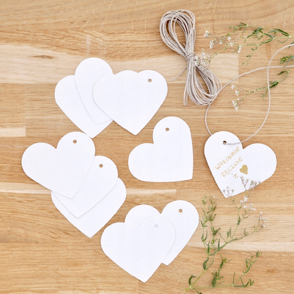 10 szt białe etykiety serca ekologiczne, sznurek