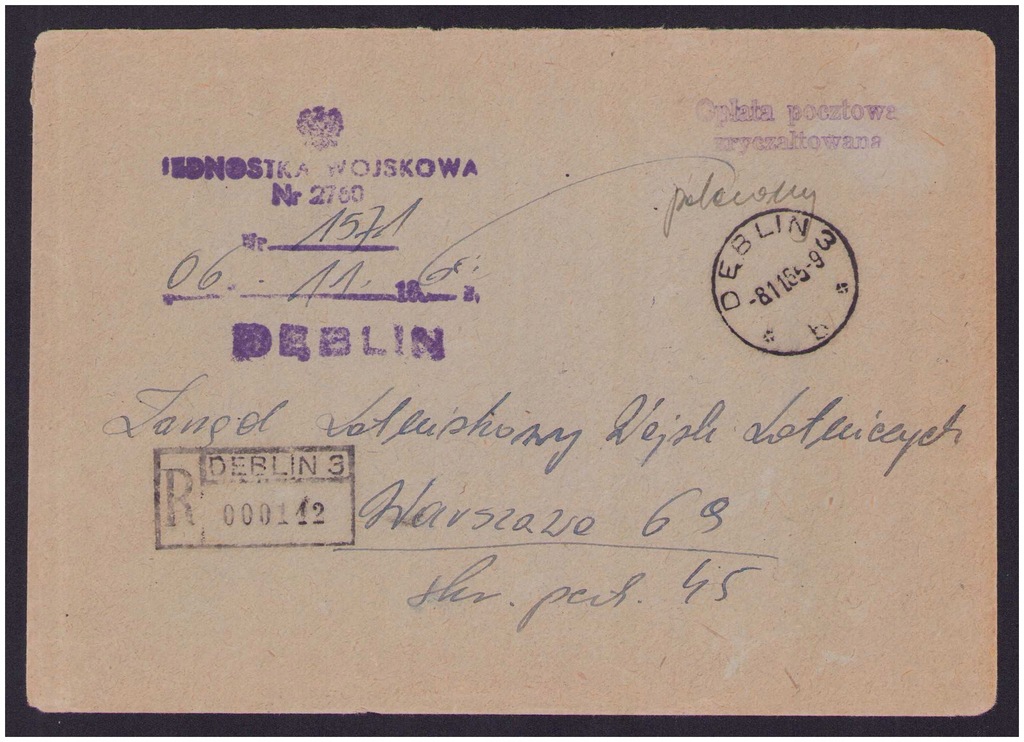1955 Koperta listu poleconego Jednostka Wojskowa Dęblin, obieg Warszawa