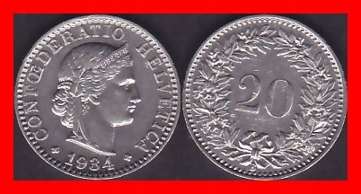 SZWAJCARIA - 20 rappenów z 1934 r. Z 7606.