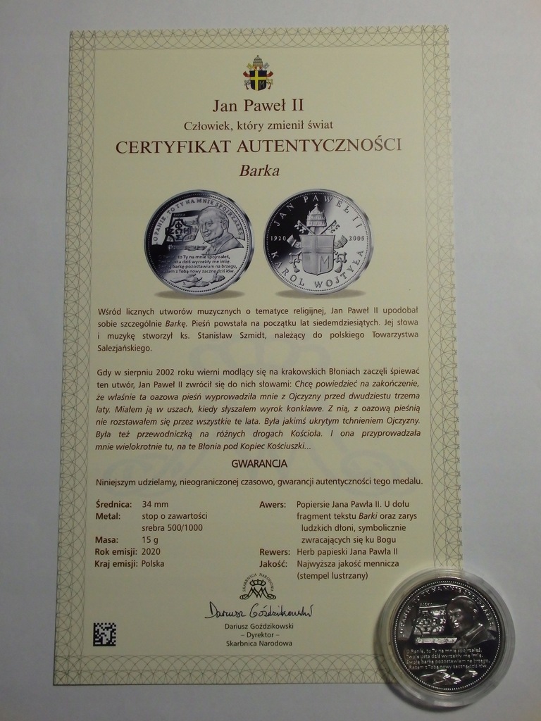Medal, Barka, Jan Paweł II, 2020r. Y744