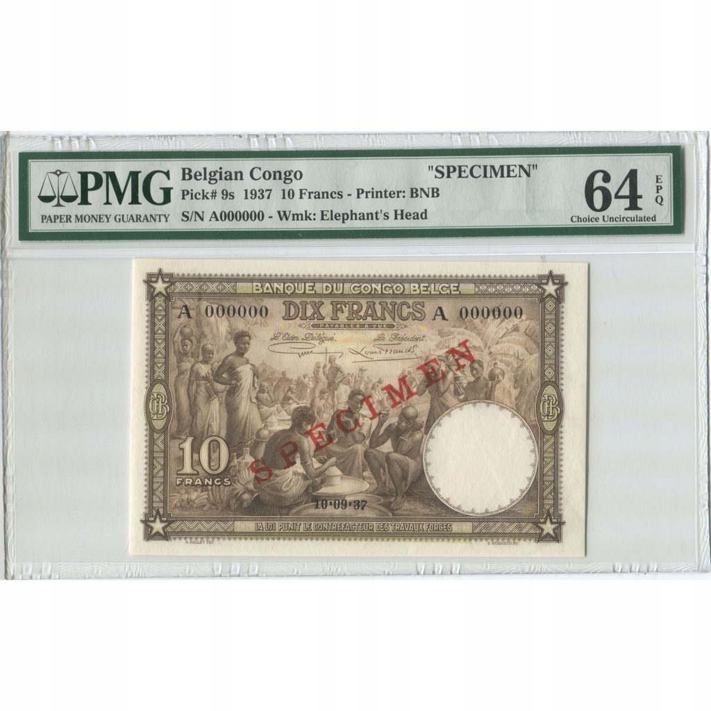 Banknot, Kongo Belgijskie, 10 Francs, 1937, 1937-0