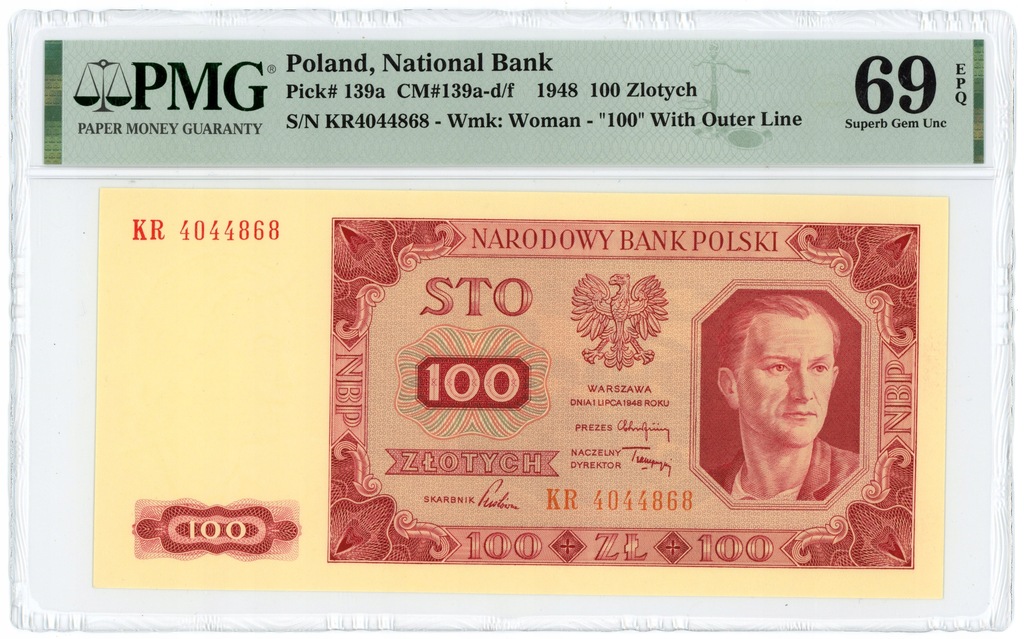 100 złotych 1948 - seria KR 4044868 - PMG 69 EPQ MAX NOTA - JEDYNY