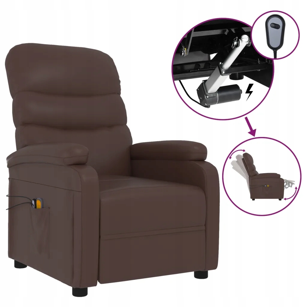 vidaXL Rozkładany fotel masujący, elektryczny, brązowy, ekoskóra