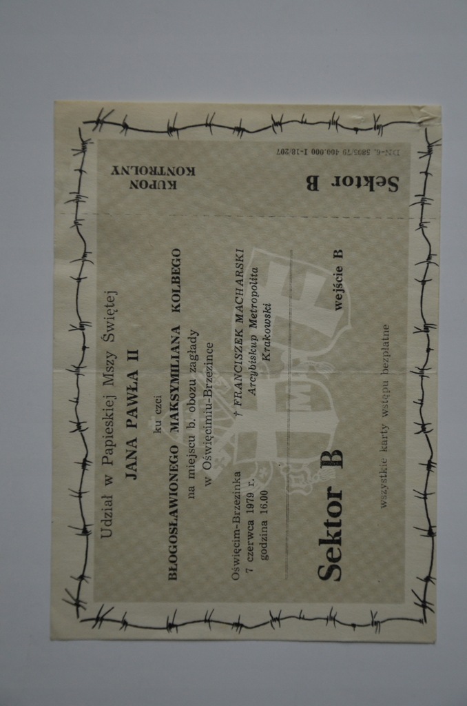 Jan Paweł 2 OŚWIĘCIM bilet wstępu na mszę św. 1979