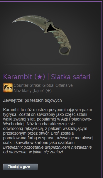 Karambit Siatka Safari FT CS GO kosa nóż skin
