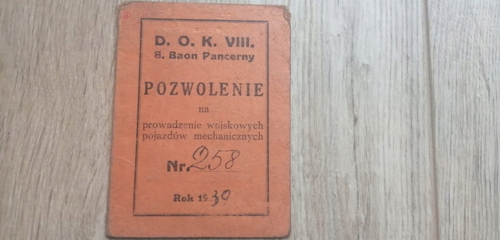 8 Batalion Pancerny Legitymacja 1939 Pozwolenie