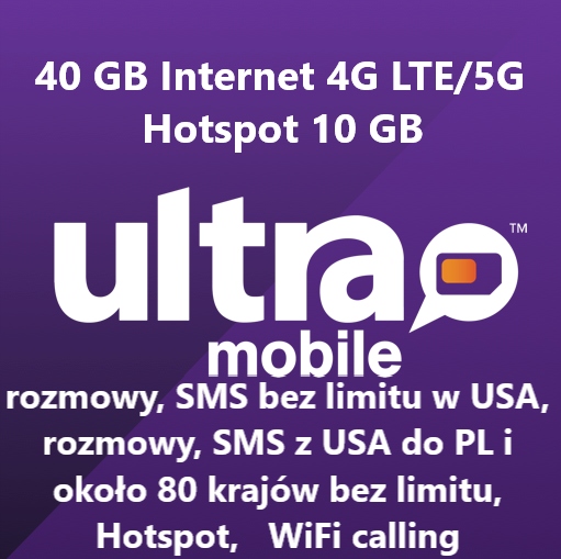 Karta SIM Ultra Mobile USA, 40 GB rozm. PL, 30 dni