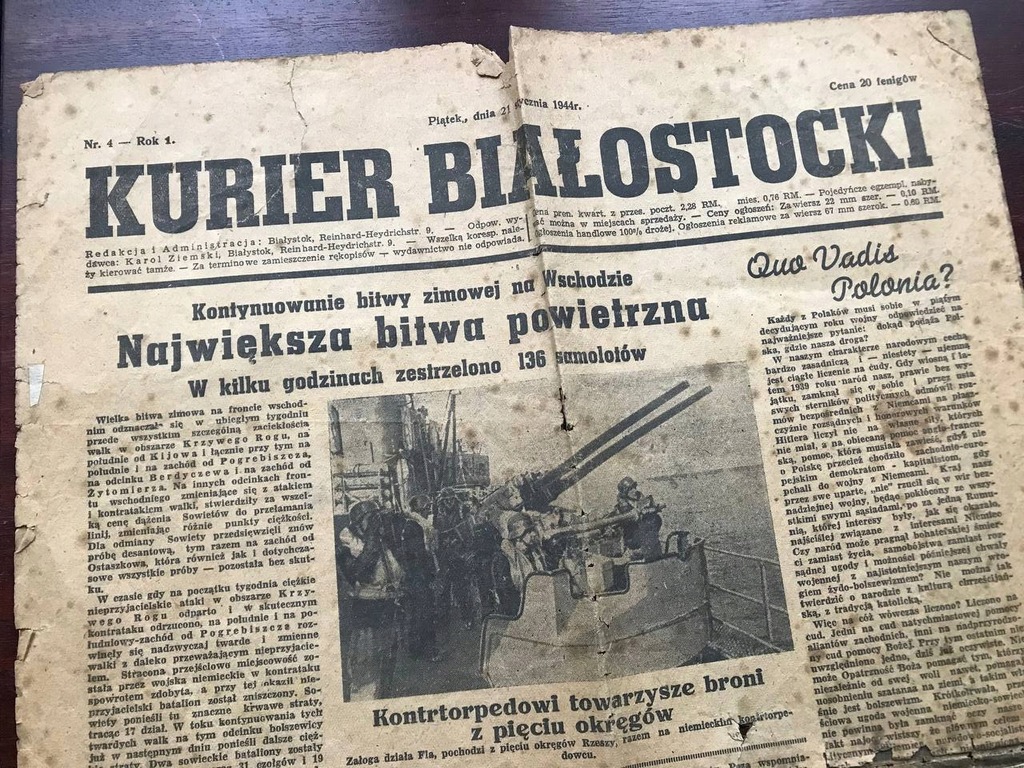 KURIER BIAŁOSTOCKI gazeta 21 stycznia 1944, okupacja, Białystok