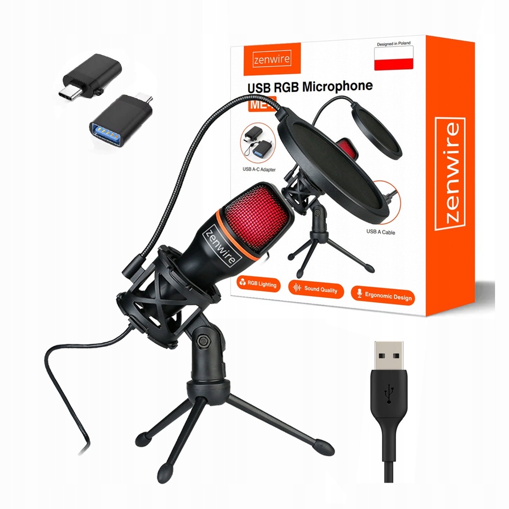 Mikrofon Pojemnościowy Studyjny do Komputera PC Gamingowy RGB USB-C USB 3.0