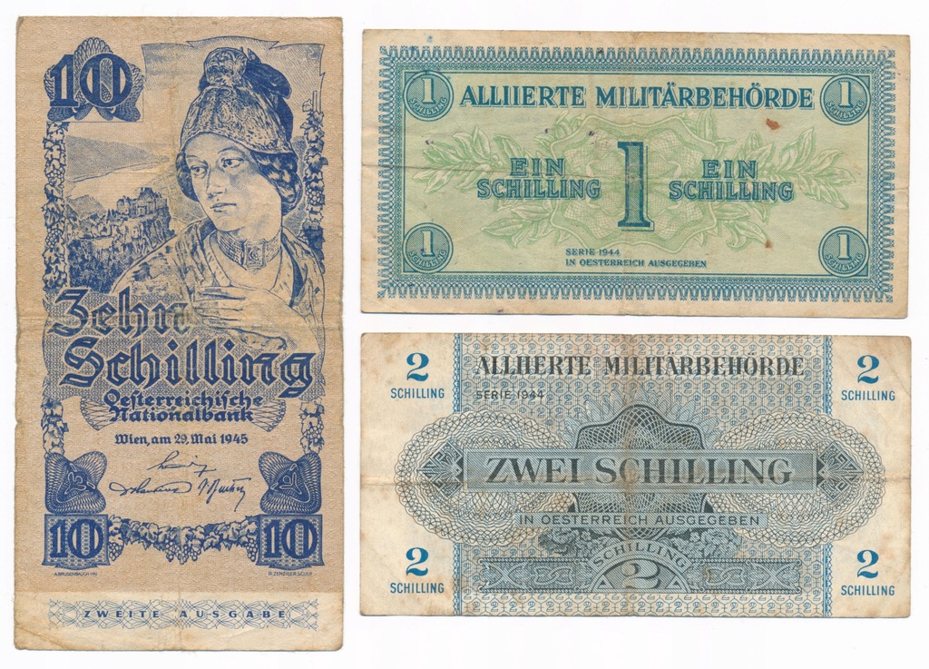 Austria, 1 i 2 szylingi 1944, 10 szylingów 1945, Zestaw 3 sztuki