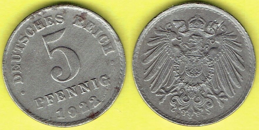 NIEMCY 5 Pfennig 1922 r. D - Fe