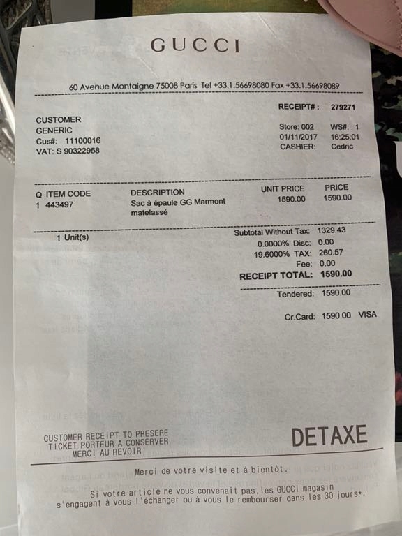 gucci sales memo receipt