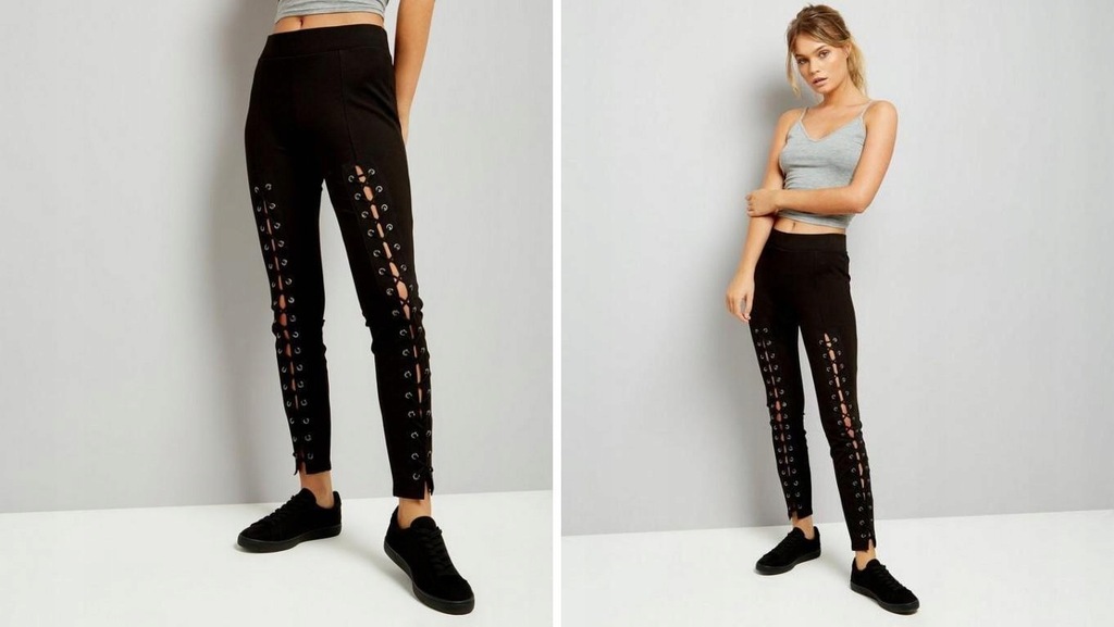 I010E22 New Look LEGGINSY CZARNE Z WIĄZANIEM 34