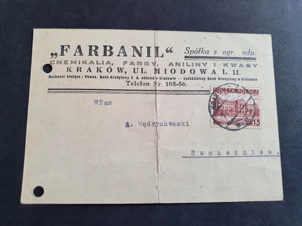 FARBANIL Kraków do A. Wędrychowski 1937 r.