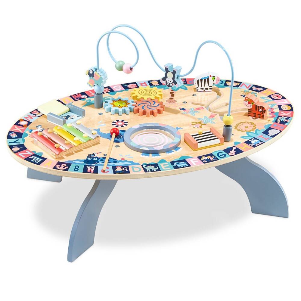Drewniany stół stolik sensoryczny muzyczny edukacyjny zabawa Montessori 7w1
