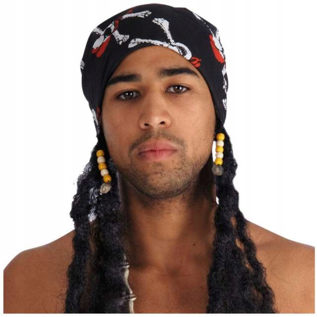 PERUKA włosy PIRATA dredy BANDANA czarna KARNAWAŁ