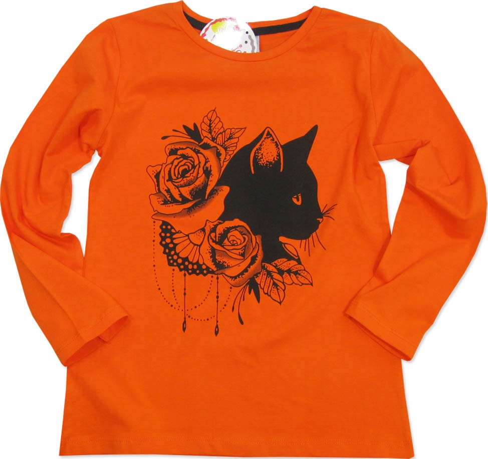 134cm Bluzka bawełniana T-shirt KOT długi rękaw pomarańczowa K146