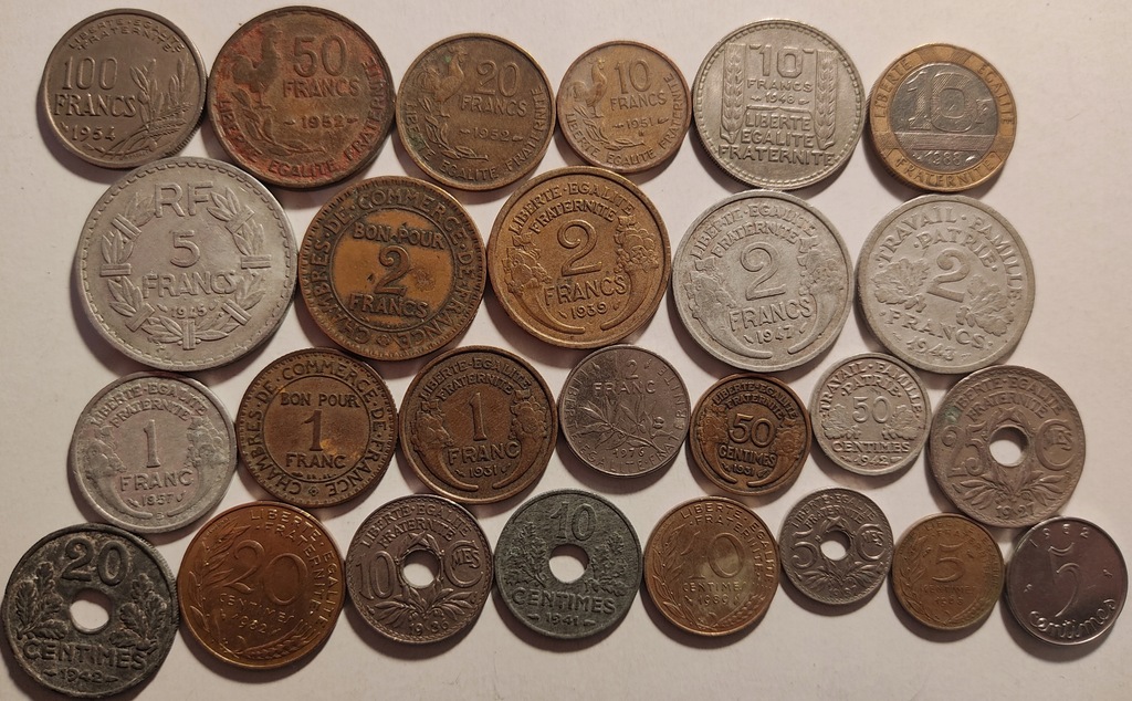 Zestaw przedwojennych, starych monet Francja 26szt