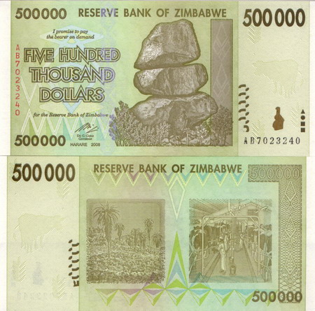 Zimbabwe 500 000 Dolarów P-76 2008 Stan I UNC