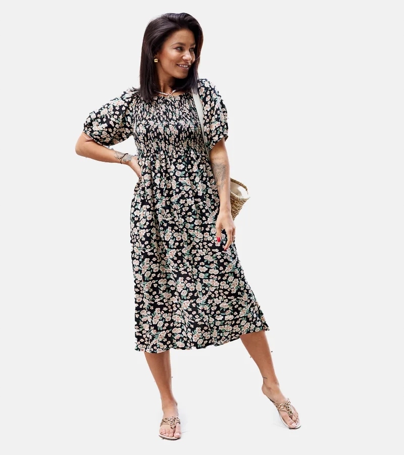Czarna sukienka maxi kwiaty rękawek 23847 rozmiar M/L
