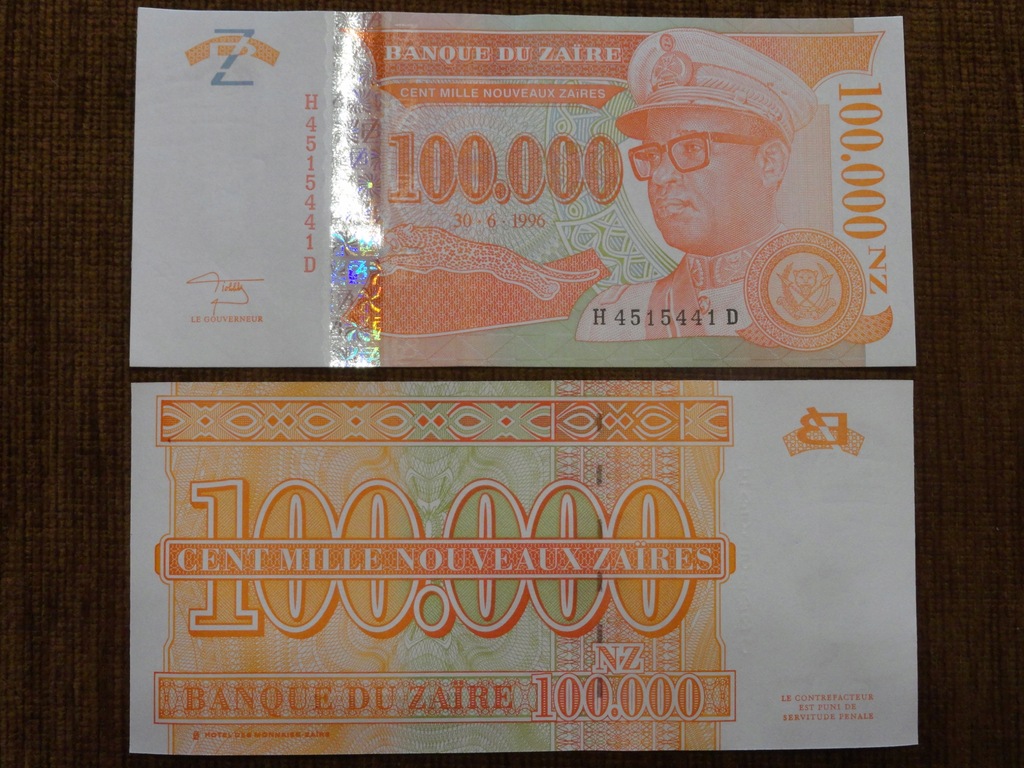 468.ZAIR 100 000 ZAIRES UNC