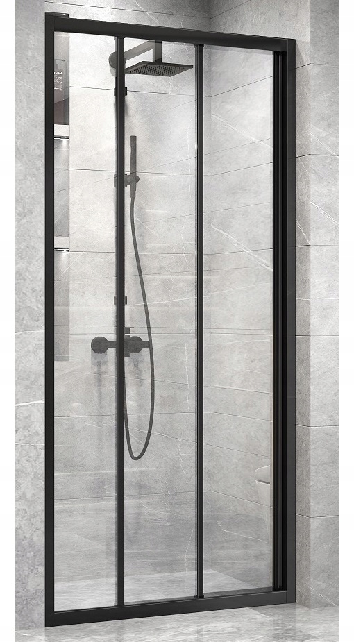 DRZWI PRYSZNICOWE 90 cm PRZESUWNE ROZSUWANE 3-ELEMENTOWE CZARNE BLACK