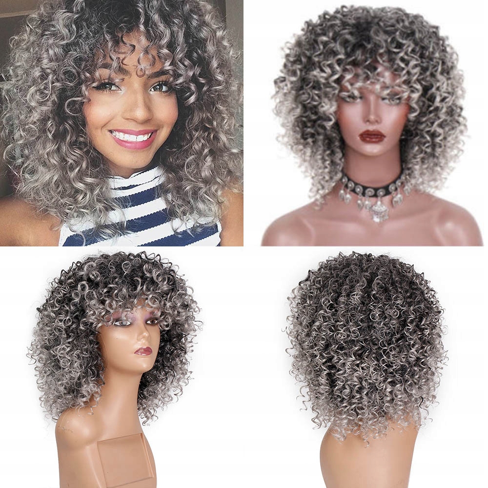 hort Afro Curly Mix Siwe Włosy Peruka z Grzywką Sy
