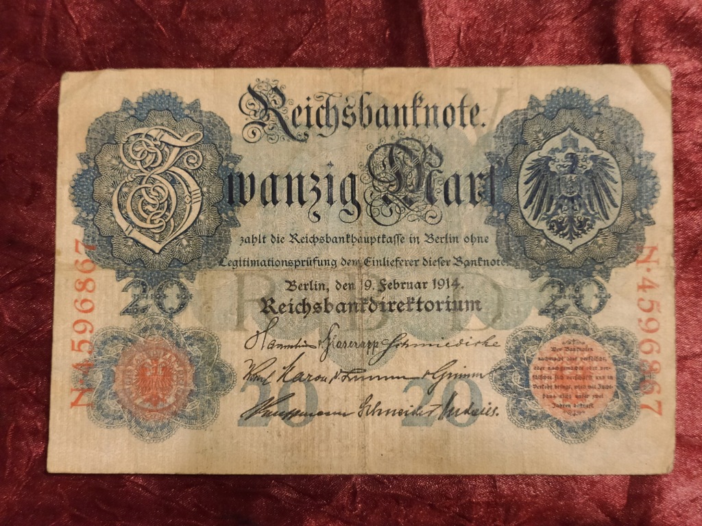 20 Zwanzig Mark reichsbanknote 1914 rok