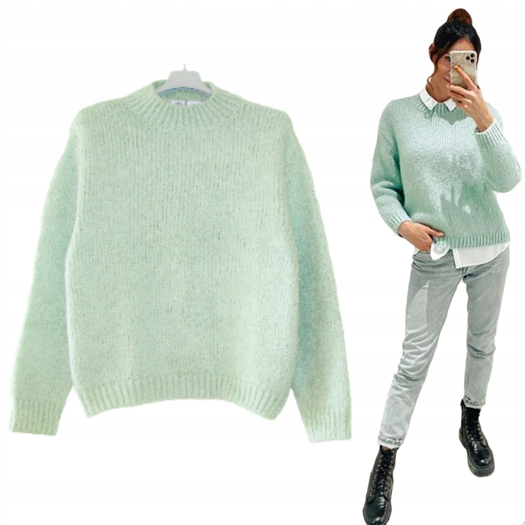 ZARA Piękny MIĘTOWY Sweter z WEŁNĄ Oversize LUX M