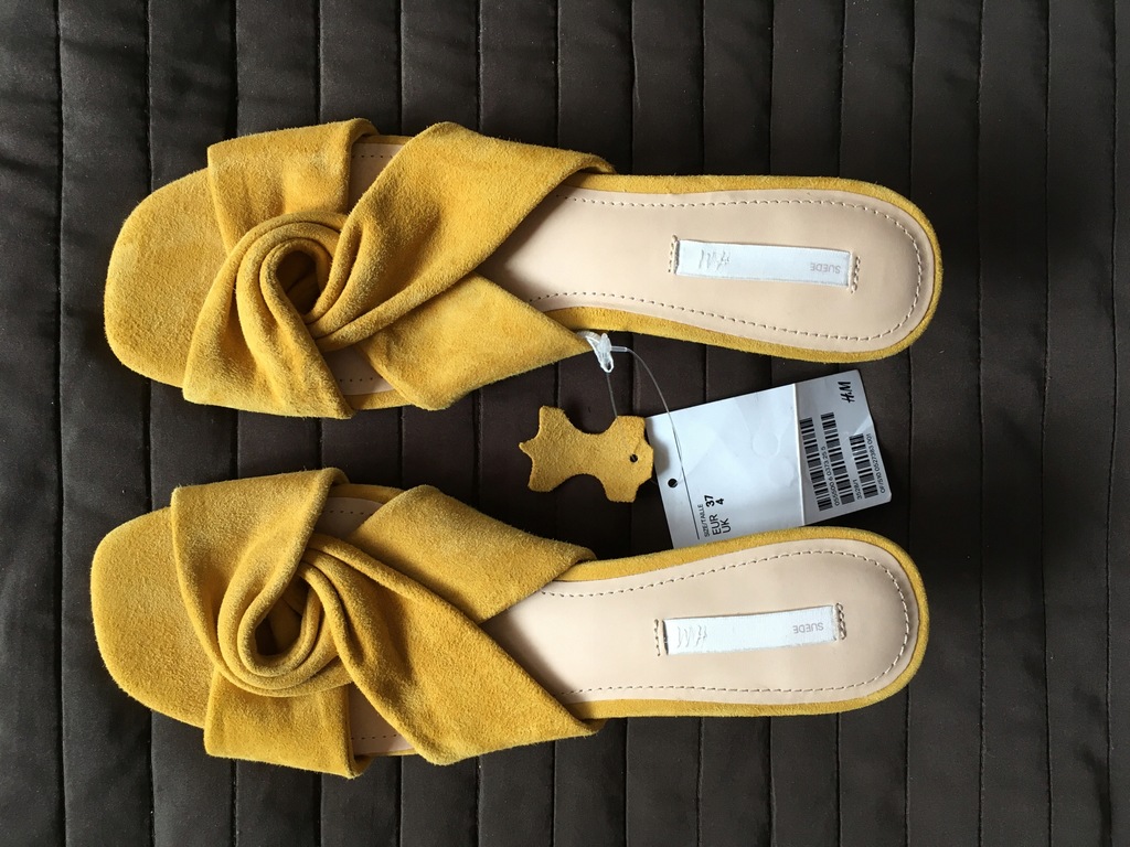 H&M 37 zamszowe klapki żółte musztardowe nowe