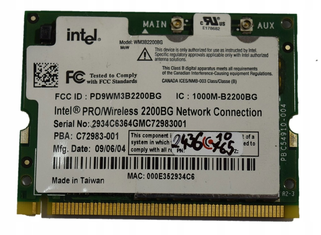 Karta WIFI Intel PRO/Wireless 2200BG 802.11b/g