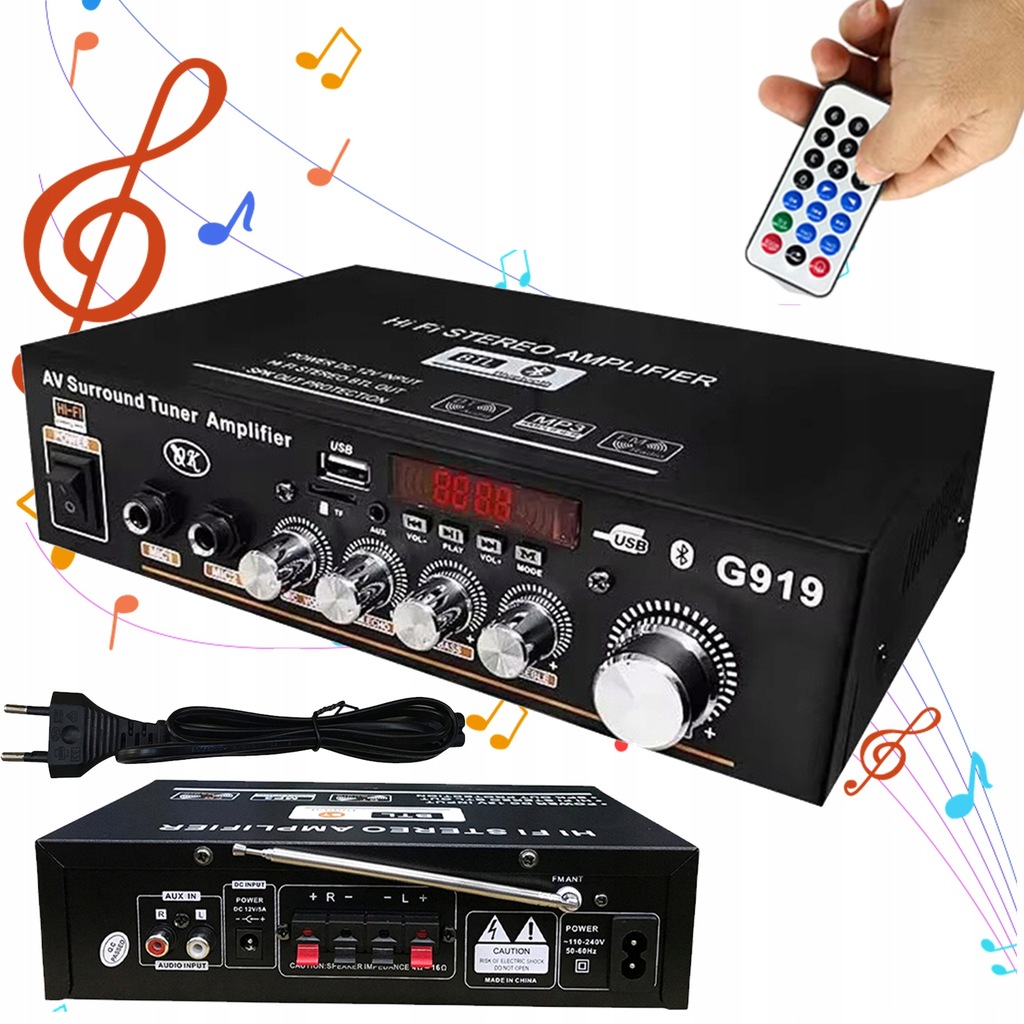 WZMACNIACZ AUDIO BLUETOOTH 5.0 Z KONTROLEREM DO KARAOKE I KINA DOMOWEGO