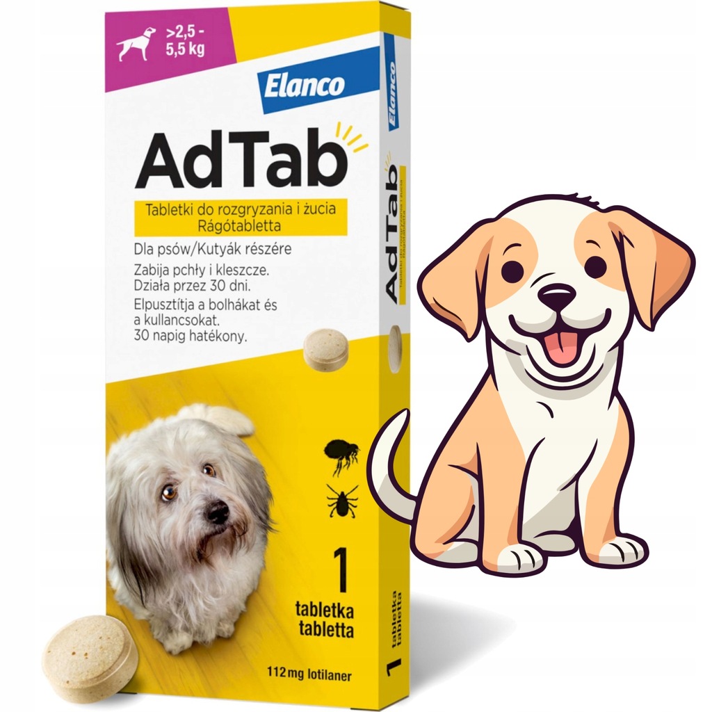 Elanco ADTAB TABLETKI DO ROZGRYZANIA DLA PSÓW 112 mg (>2,5-5,5kg) 1 tab