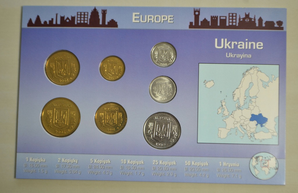 Ukraina - zestaw nominałów - 7 monet w blistrze