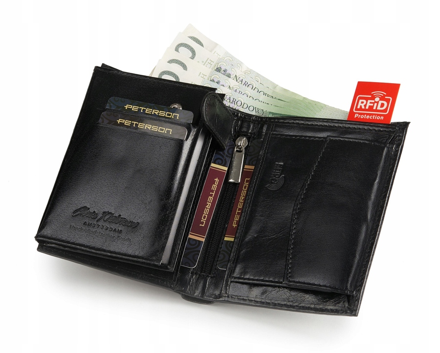 Pionowy skórzany portfel z dużą sekcją na dokumenty RFID Peterson