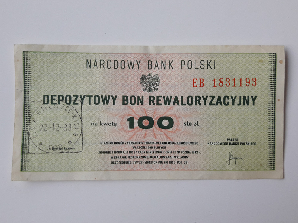 DEPOZYTOWY BON REWALORYZACYJNY wartości 100 zł PRL