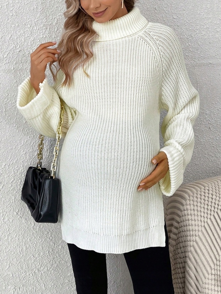 SHEIN SWETER DAMSKI MATERNITY BIAŁY DZIANINA PRĄŻKOWANA Z GOLFEM M 275