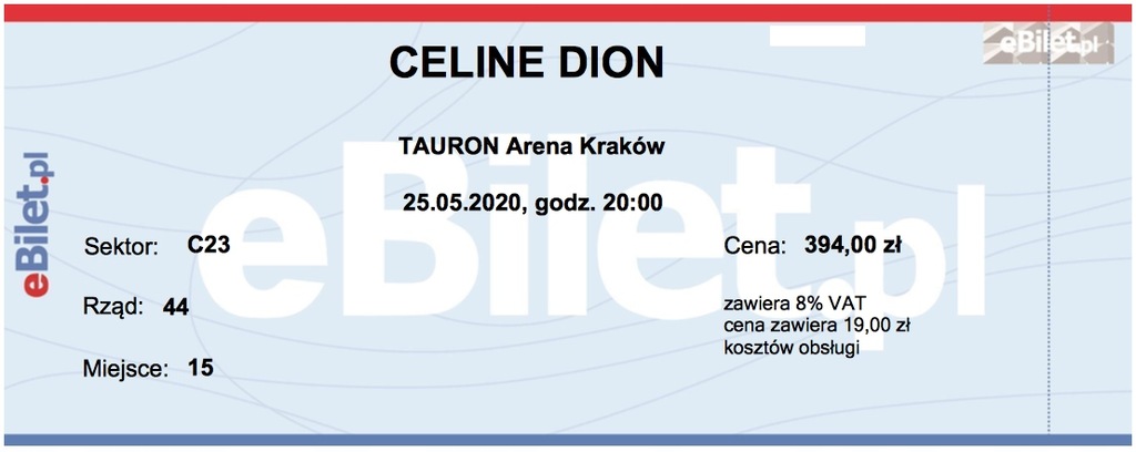 Dwa bilety na Celine Dion 25.05.2020 Kraków