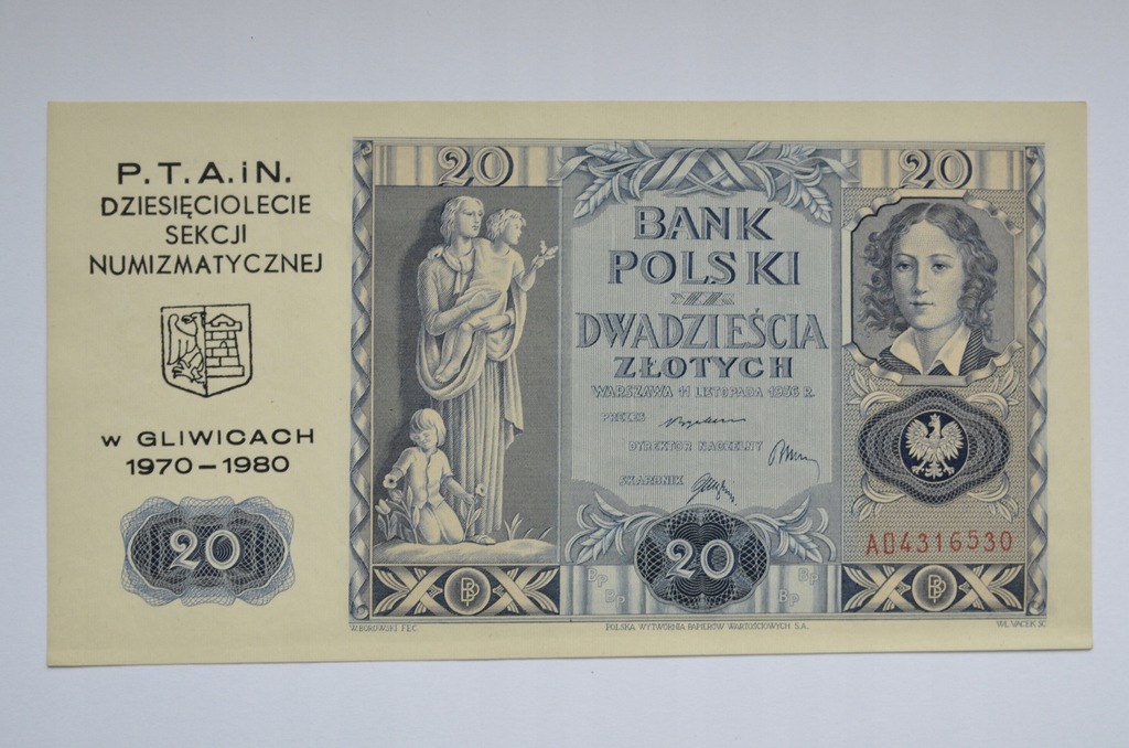 20 złotych 1936 ser. AO Dziesięciolecie Sekcji Numizmatycznej w Gliwicach