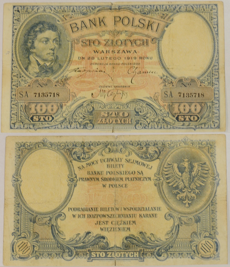 20. BANKNOT 100 ZŁOTYCH 1919 SERIA:S.A. 20.04