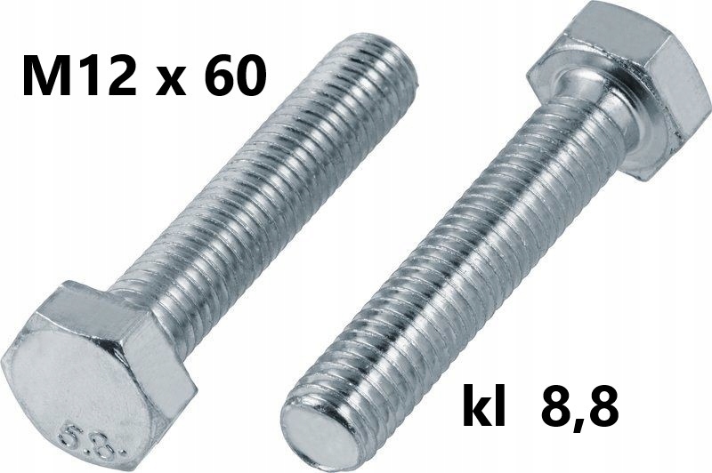 Śruba ocynk M12x60 kl 8,8 z gw. całości 1kg-17szt