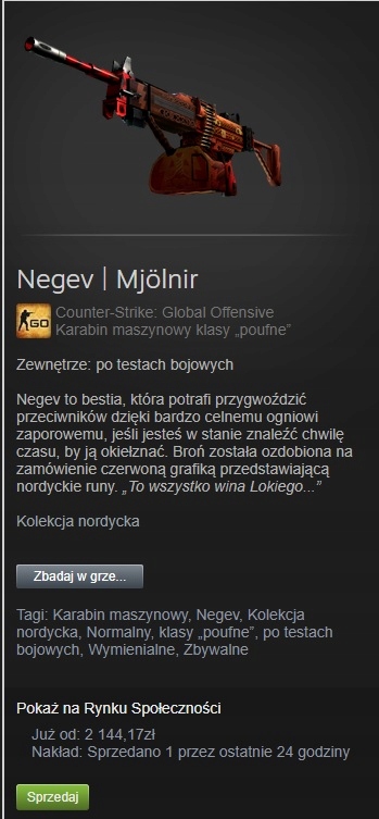 CS:GO Negev Mjolnir Wartość Rynkowa 2200PLN!!!