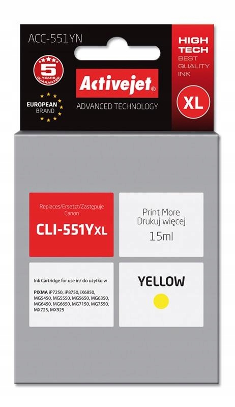 Tusz do Canon CLI-551Y XL ActiveJet 15ml żółty
