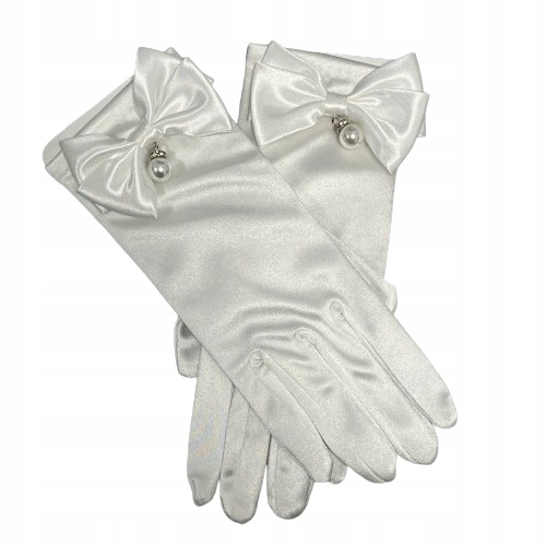 Rękawiczki rękawice krótkie z kokardą i perłą białe ślubne eleganckie