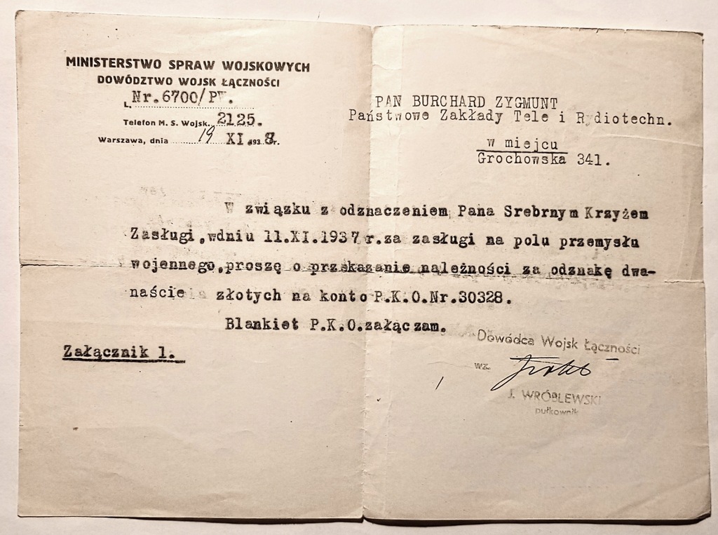 POLSKA II RP MSW Wezwanie do Opłaty za Odznaczenie PRZEMYSŁ WOJENNY 1937 r.