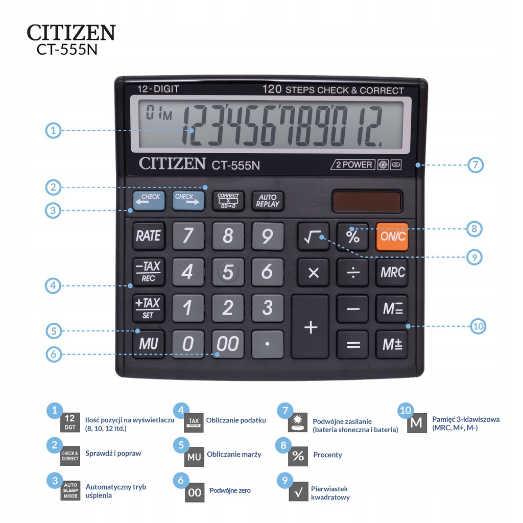 Купить Калькулятор офисный CITIZEN CT-555N 12-разрядный: отзывы, фото, характеристики в интерне-магазине Aredi.ru