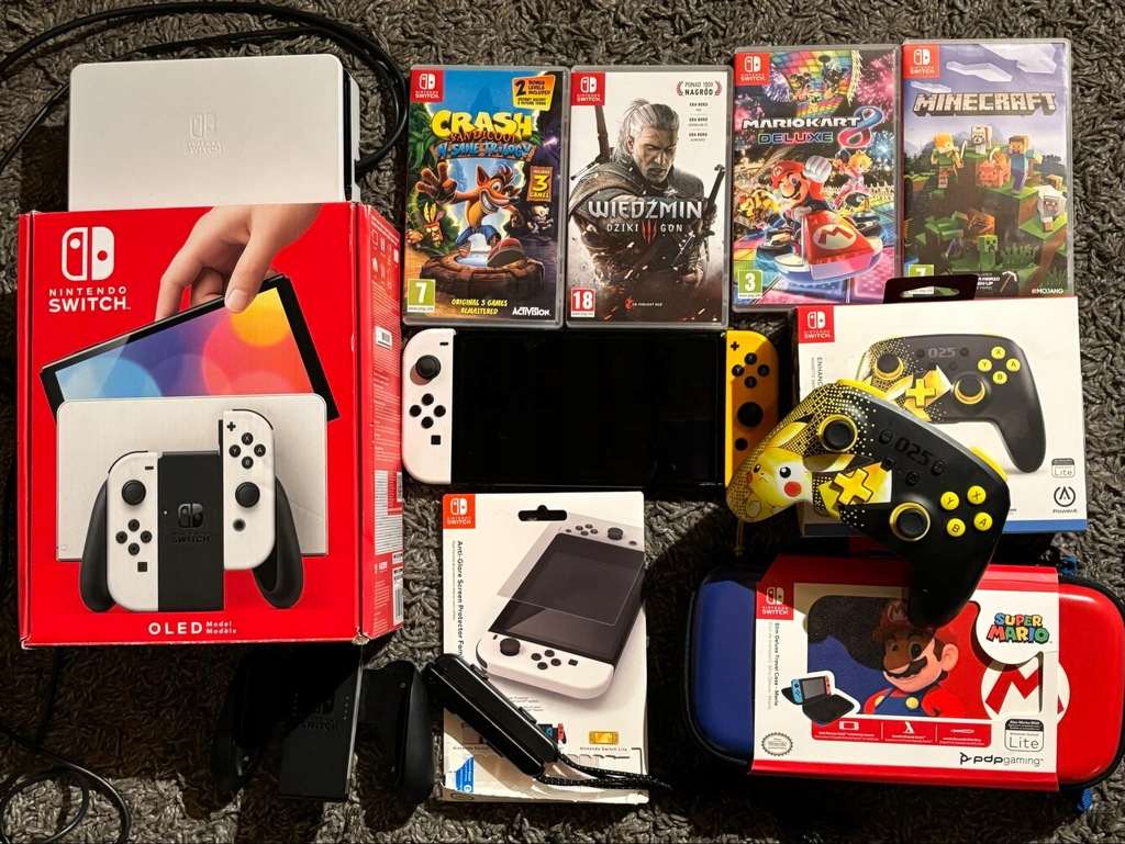 Konsola Nintendo Switch OLED biała + etui, pad Power oraz gry!